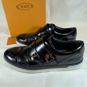 Women’s Tods Black Leather Double Monk Strap Slip on Sneakers Loafers size 7.5